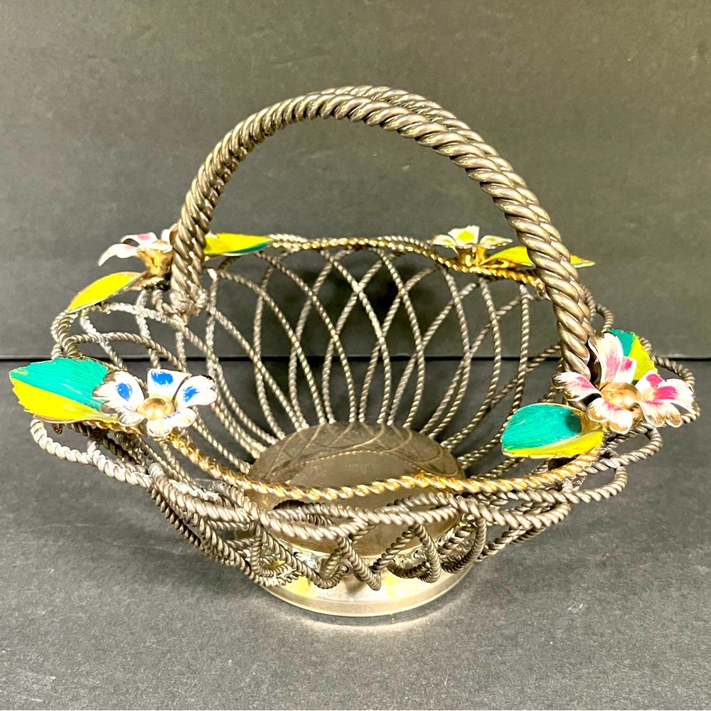 VTG Silver Plated Enamel Flowers Basket Godinger Centerpiece Tole Painted